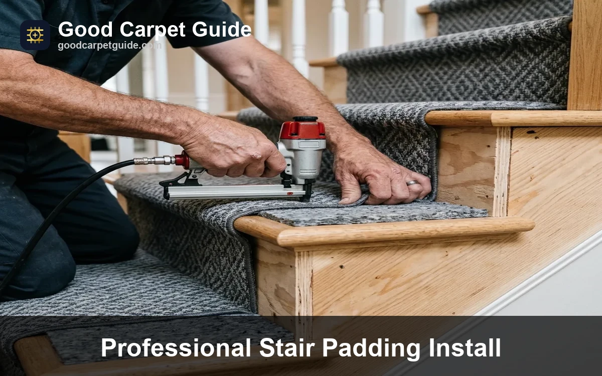 Professional stair installation showing padded tread and unpadded riser