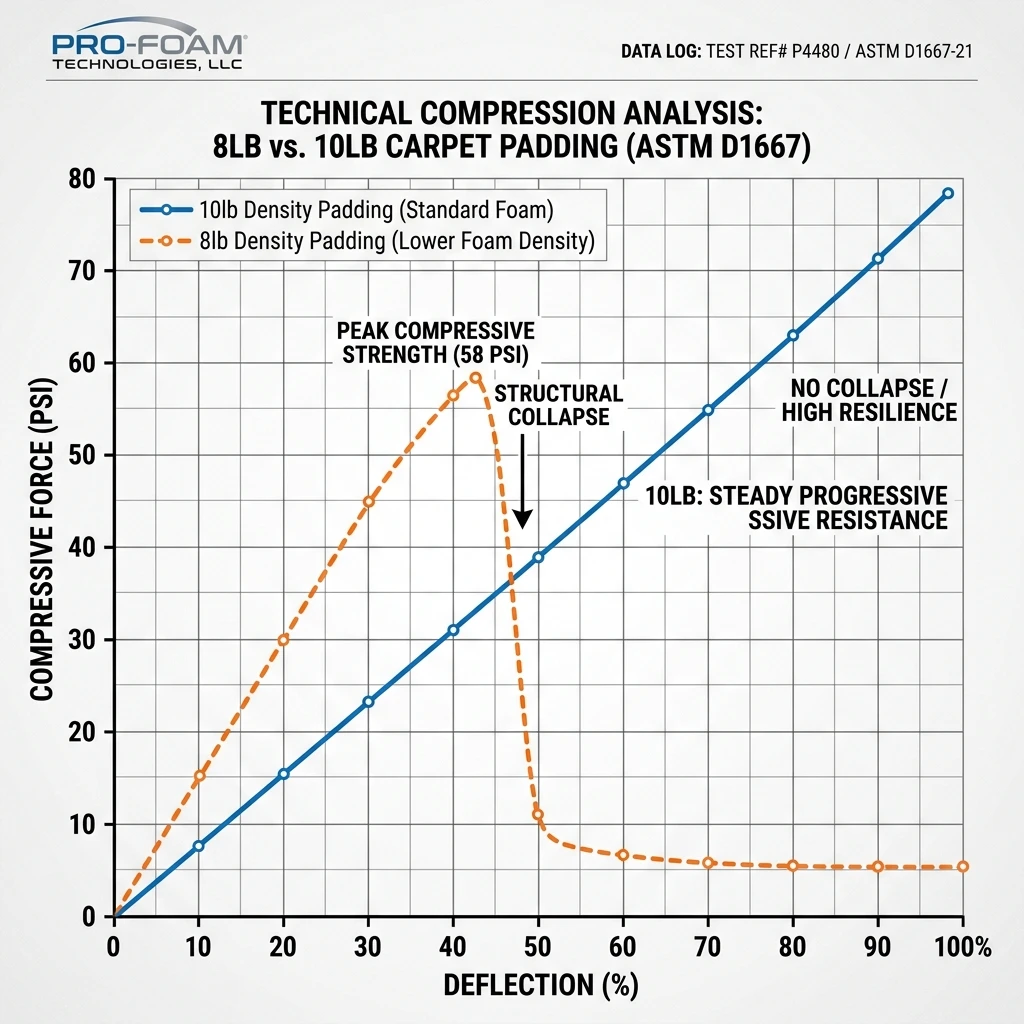 Technical graph comparing IFD compression curves between 8lb and 10lb rebond