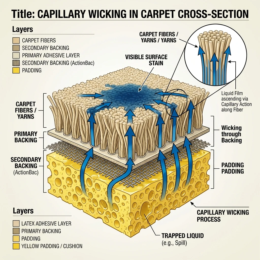 Moisture wicking illustration showing stain migration from carpet pad back into the carpet surface.