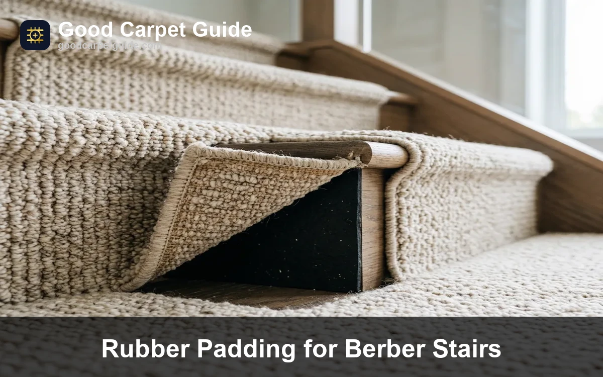 Berber carpet installed over dense rubber stair padding