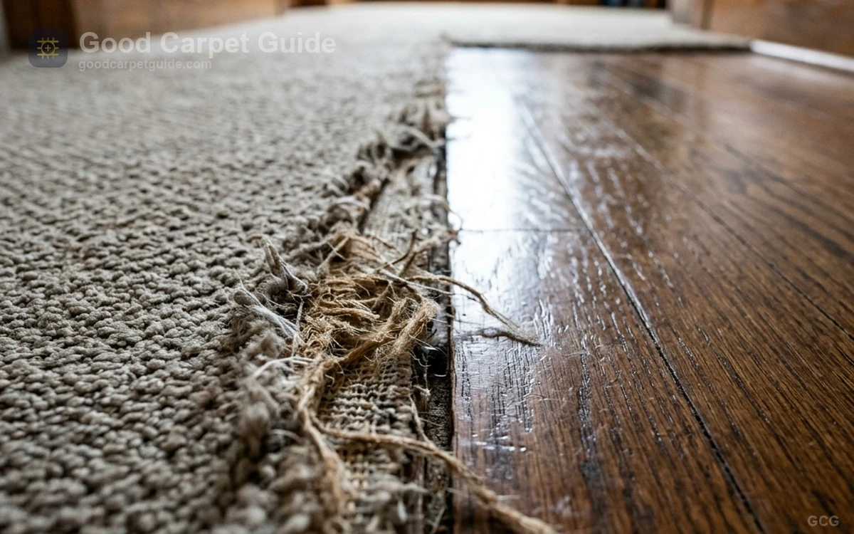 Carpet seam failure beside hardwood transition strip with exposed backing fibers.