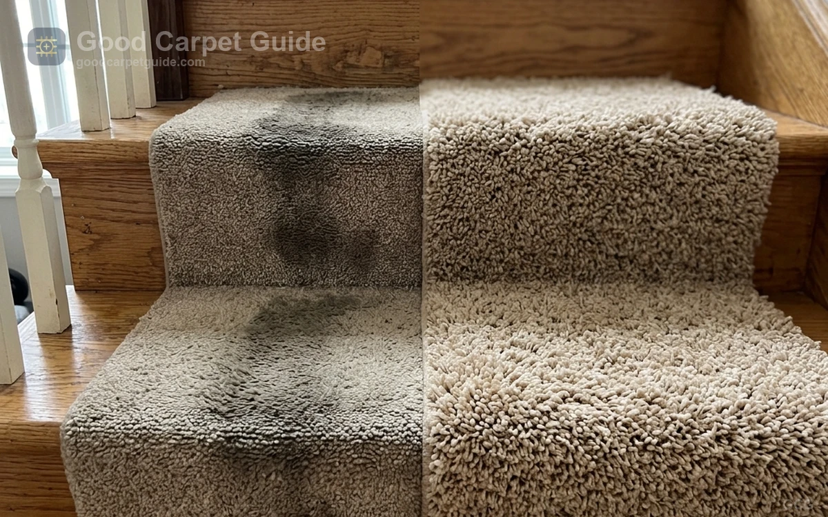 A side-by-side staircase comparison showing permanently crushed Triexta carpet beside rejuvenated Nylon 6,6 carpet after professional steam extraction