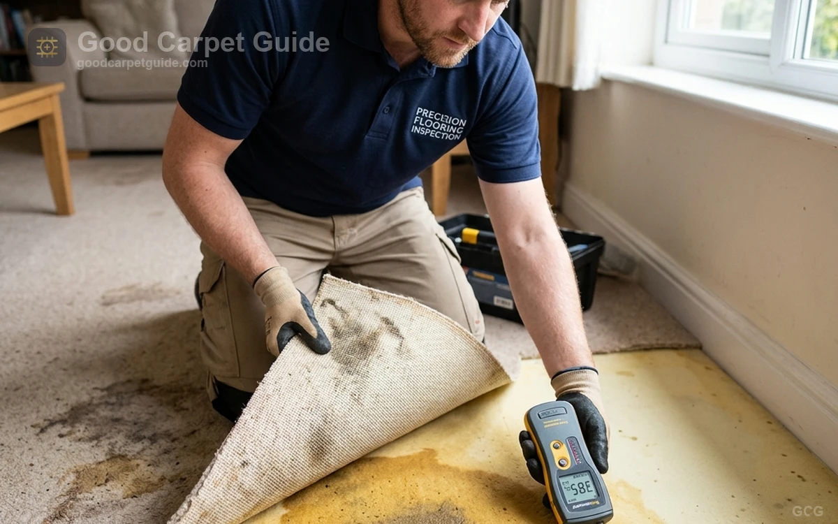 Technician lifting pet-damaged carpet beside moisture meter and stained cushion padding.