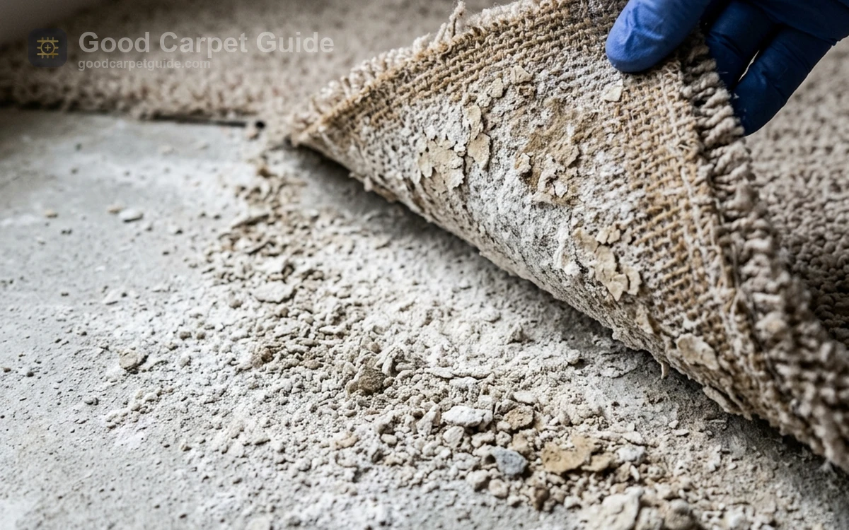 White chalking residue beneath a peeled-back carpet