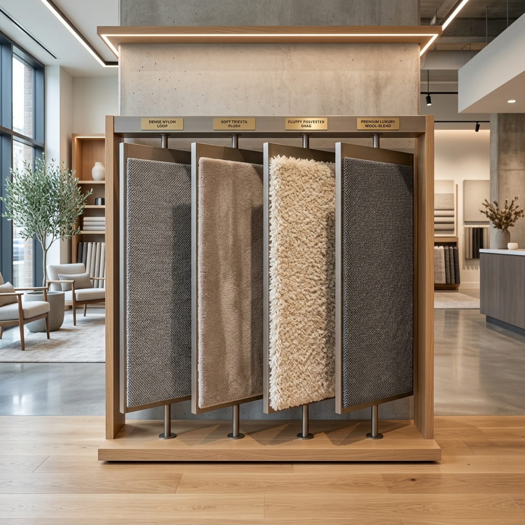 Side-by-side showroom display of Shaw nylon, Mohawk SmartStrand, Dream Weaver polyester, and Fabrica carpet samples