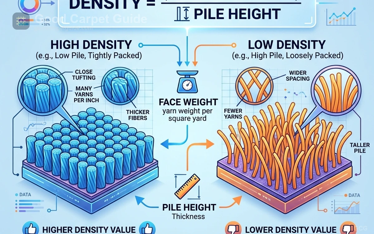 Technical diagram showing two carpet constructions side by side with density calculations