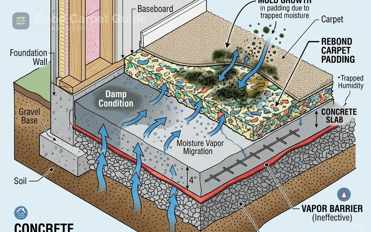 Cross-section illustration showing groundwater vapor rising through a concrete basement slab into rebond carpet padding, tack strips, and carpet backing while mold colonies form underneath.