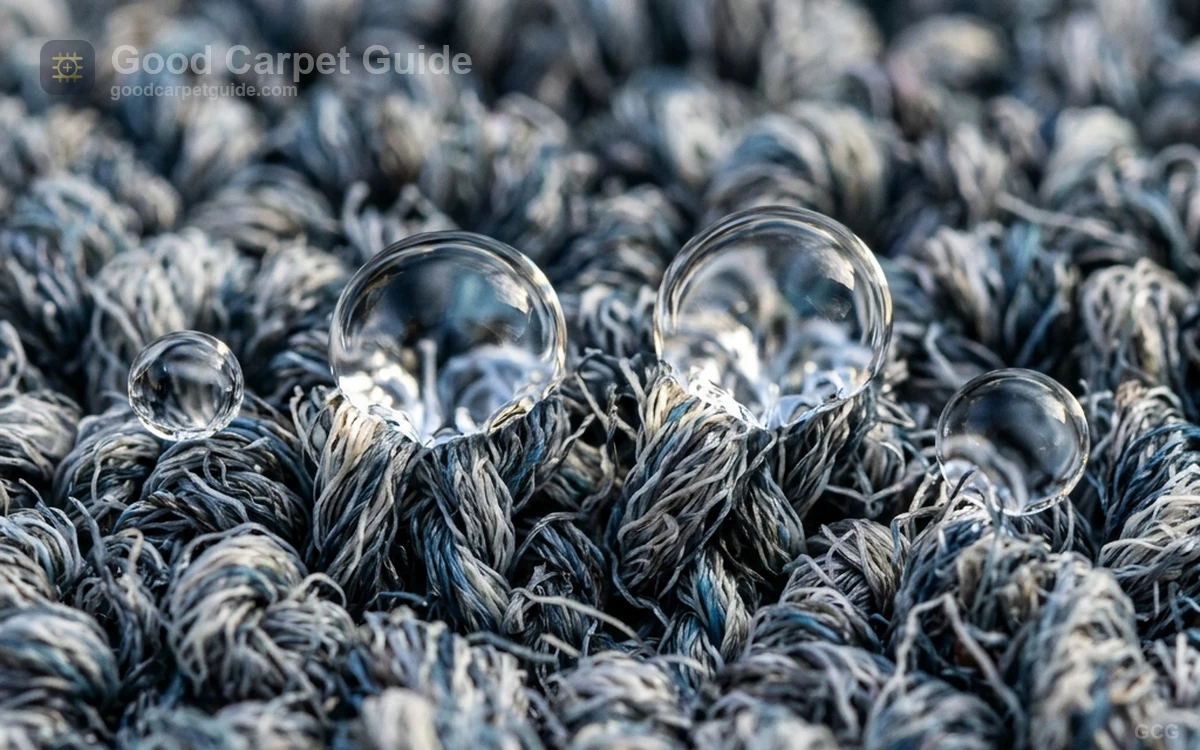 Side-by-side microscopic comparison of wool, nylon, polyester, triexta, and olefin carpet fibers exposed to moisture droplets over a concrete slab.