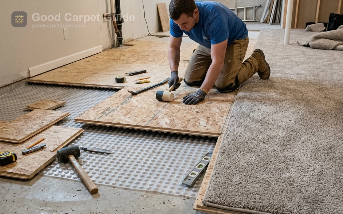 Finished basement carpet installation over raised DRICORE-style panels showing the airflow cavity between the concrete slab and carpet system.