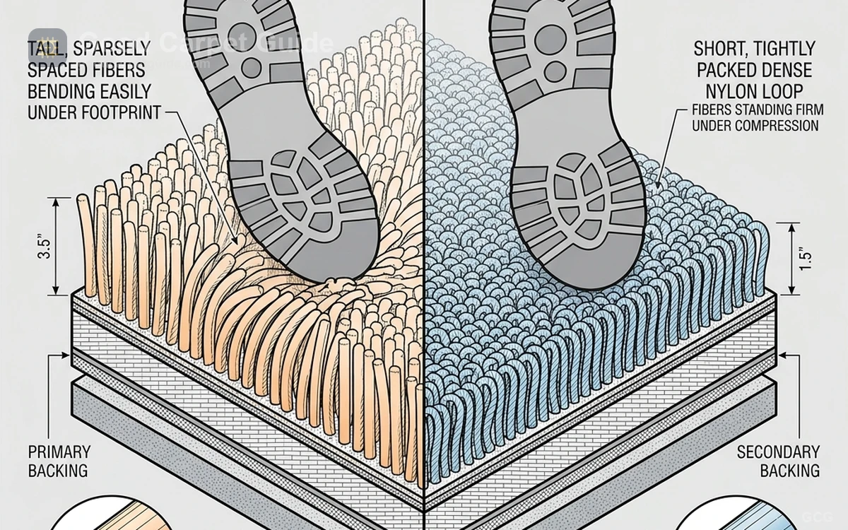 Cross-sectional comparison between low-density plush carpet and high-density textured nylon carpet