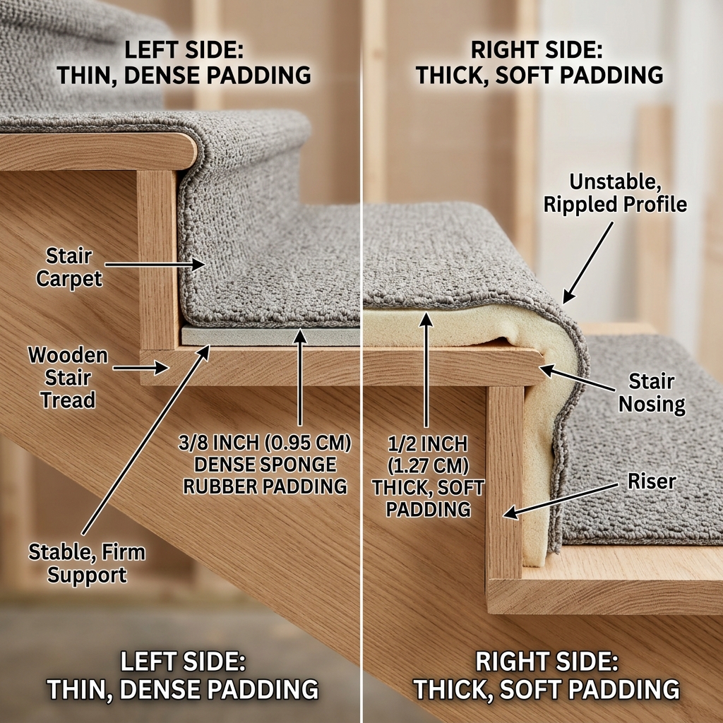 Cross-section diagram showing thin dense carpet padding compared beside thick soft padding under stair carpet