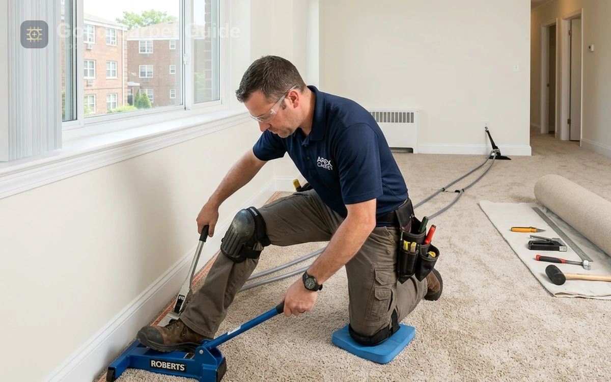 Installer stretching solution-dyed nylon carpet across a multifamily apartment living room during turnover renovation.