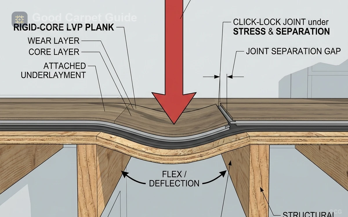 Cross-section diagram showing an uneven subfloor causing floating LVP planks to flex downward and fracture the locking mechanism.