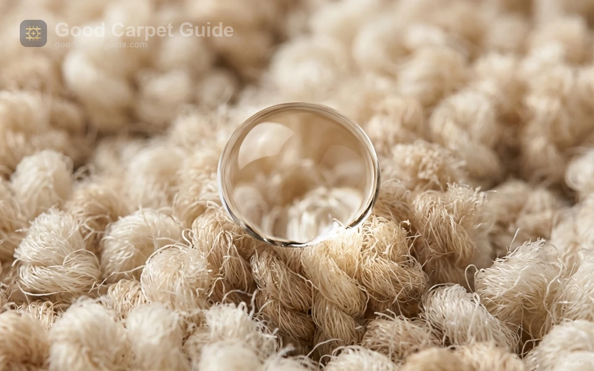 Water beading on Mohawk SmartStrand Triexta carpet fibers during a pet spill demonstration.