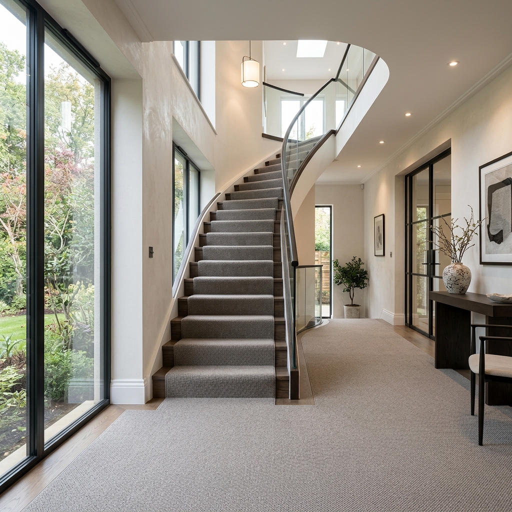 Residential hallway and staircase installation using dense textured nylon carpet with low-profile construction