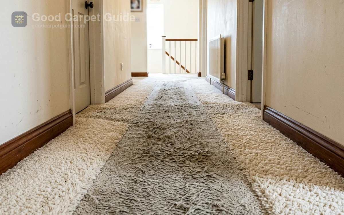 High-traffic hallway showing severe matting in a soft polyester plush carpet